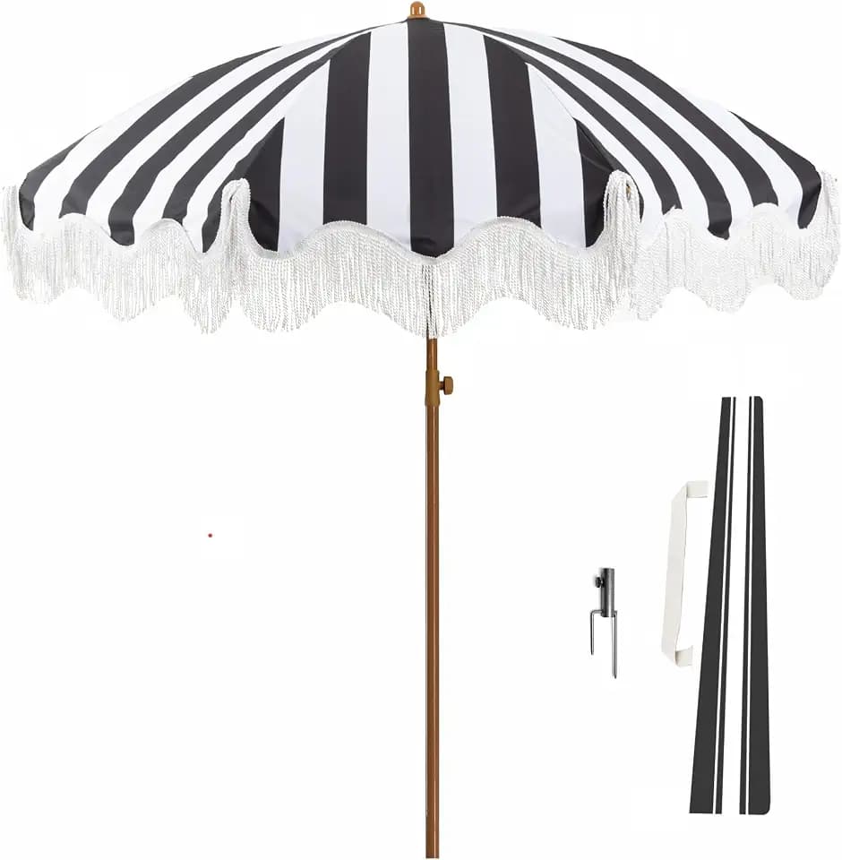 Rayjee 6.5FT Patio Umbrella with Fringe, Boho Outdoor Umbrella