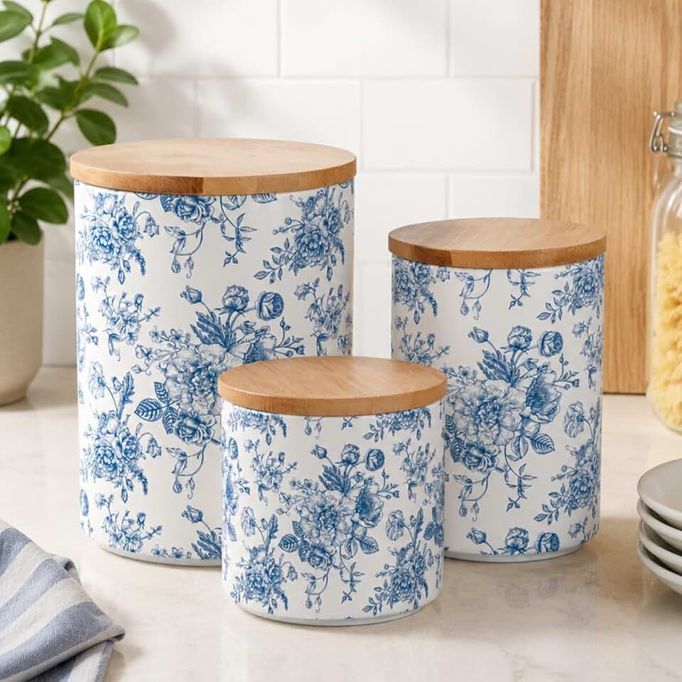 AnyDesign Chinoiserie Floral Ceramic Kitchen Canisters Sets Vintage Blue Flower Clear Storage Jar with Airtight Lids for Home Kitchen Countertop Decor Flour Sugar Tea Spice Container, Set of 3