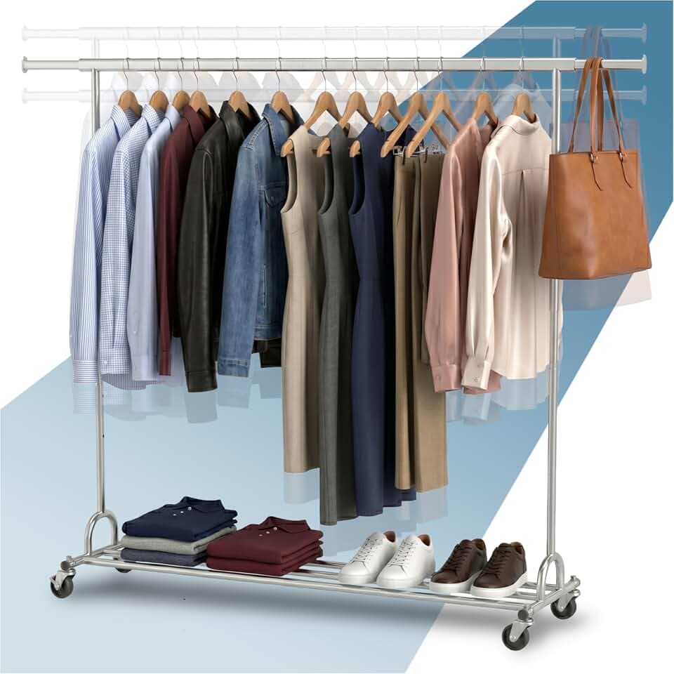 PORTENTUM Kleiderständer stabil aus Stahl höhenverstellbar mit Rollen und Bremsen – Höhenverstellbar zwischen 149 und 174 cm – Bis 160 kg Traglast – Kleiderstange rollen Stahl 45 x (160-200) cm Breite