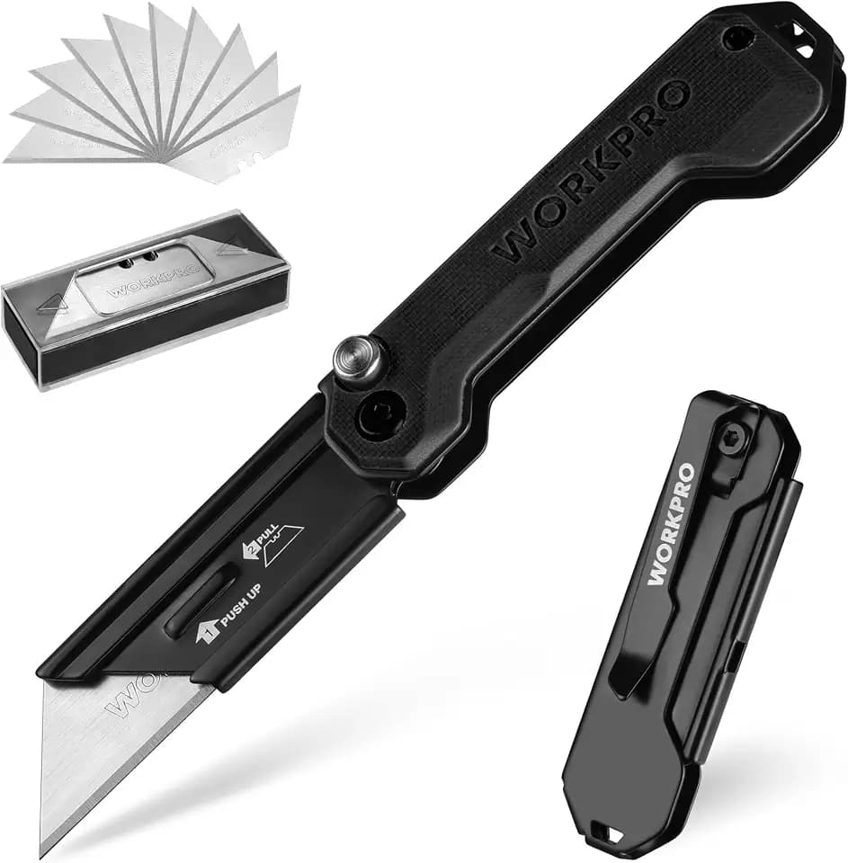 WORKPRO Klappmesser Universalmesser, Cuttermesser, Taschenmesser mit Schnellwechselmechanismus, G10-Griff, mit 10 zusätzlichen SK5-Klingen, Ideal zum Schneiden von Leder, PVC, Papier, Schwarz