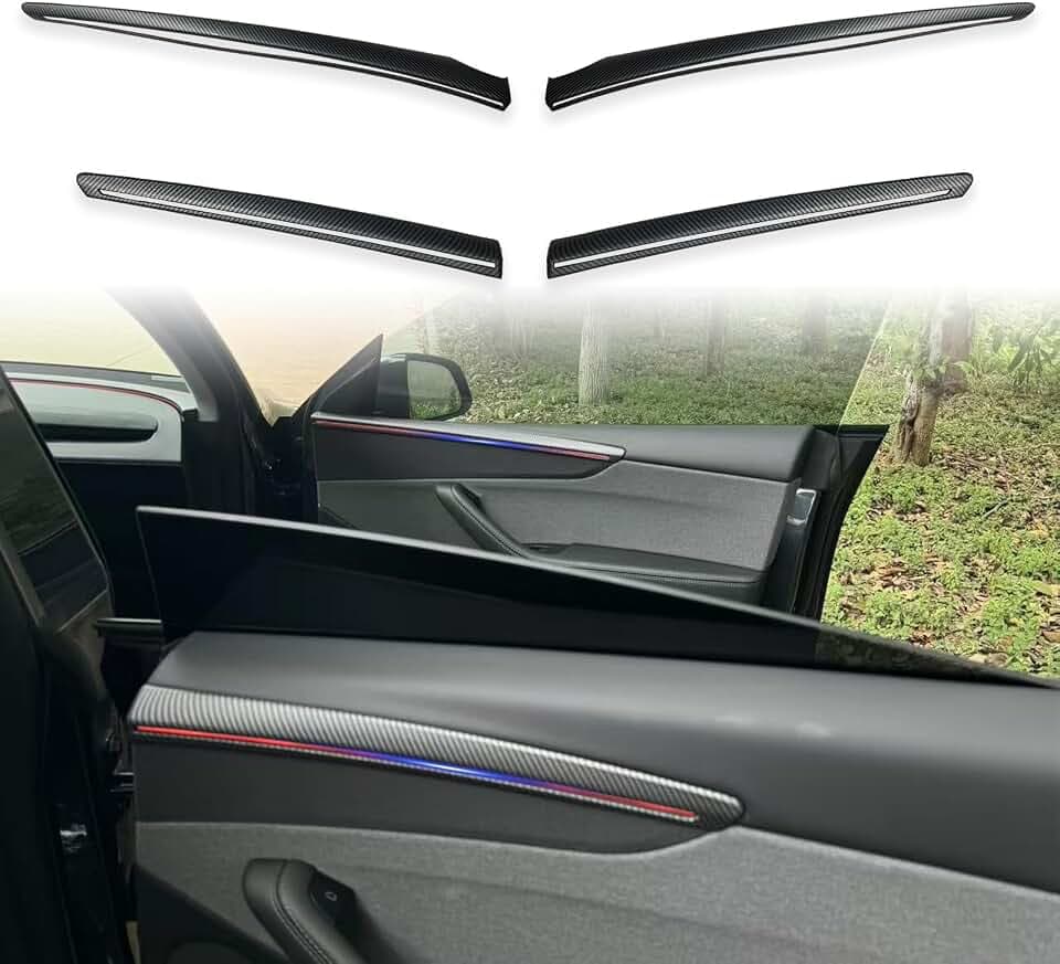 Fit Tesla Model Y Juniper Forint Door Panel Trim For 2025 2026 Model Y Juniper Rear Door inner Armrest Panel Cover Decorative Accessories 4PCS(Matte Carbon Pattern)