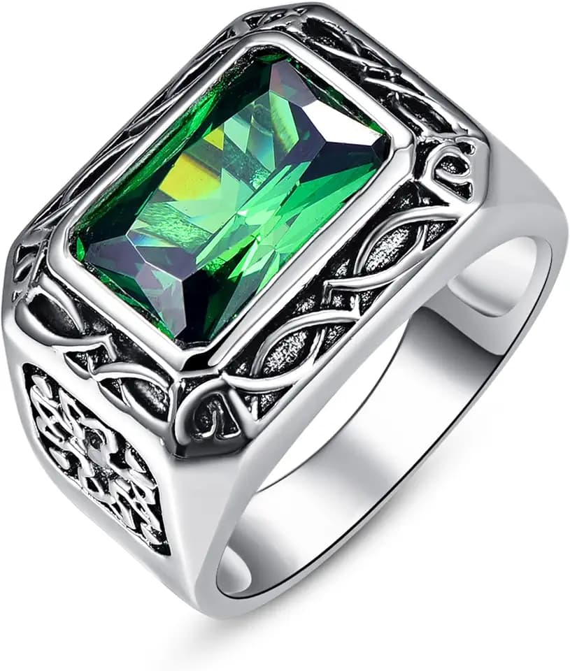 BONLAVIE Herren Ringe 6.85CT Simulierte Smaragd Ringe Edelstahl Siegelring Herren Vintage Silberring Verlobungsring Schmuck für Männer
