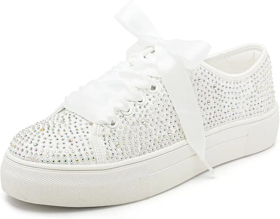 Elivandon 9995 Hochzeit Schuhe Spitze Braut Sneakers 3,7cm Plattform Braut Tennis Schuhe Sparkling Strass Hochzeit Sneakers