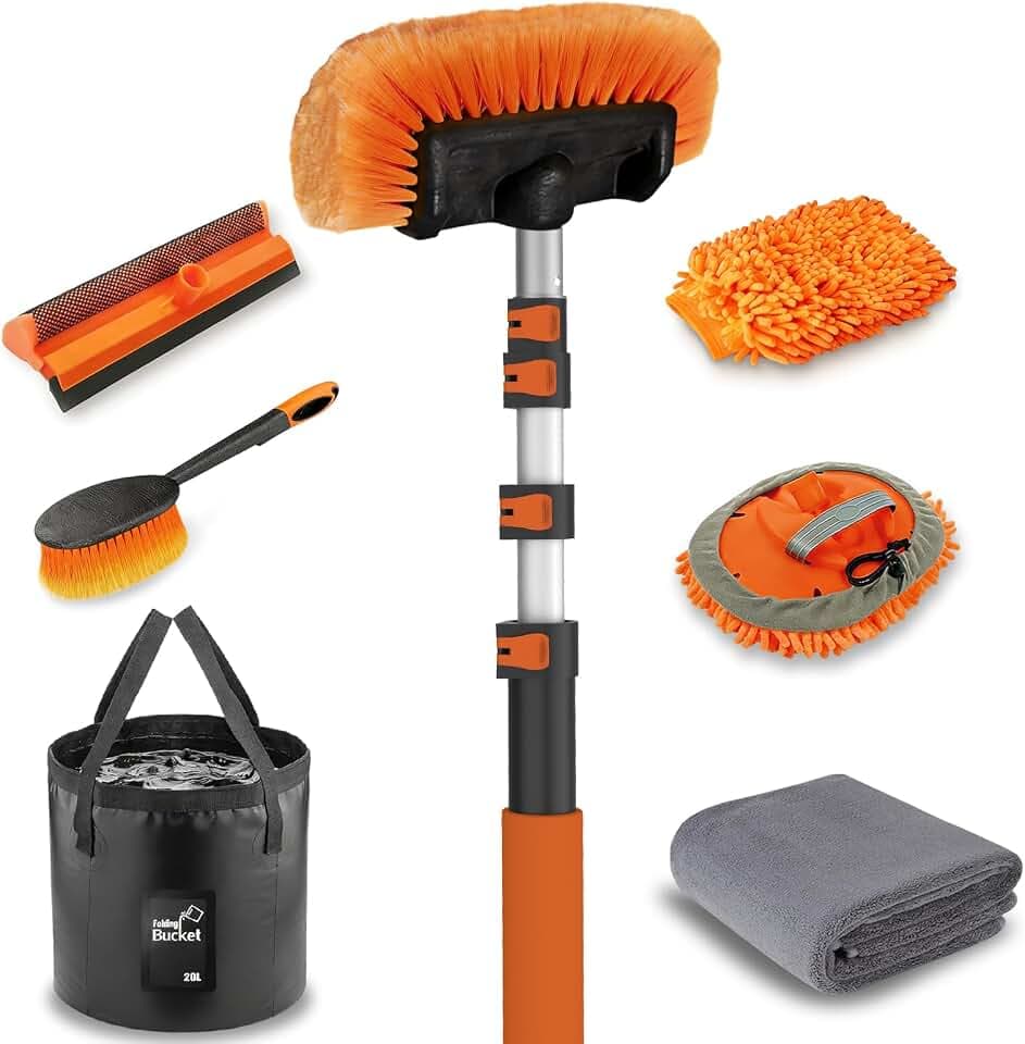 LAANPOLE 12FT Car Wash Brush with Long Handle, Car Cleaning Kit with Soft Bristle Wash Brush, Microfiber Cleaning Mop, Window Squeegee, Mitt, Wheel Brush, Bucket, Drying Towel for RV, Truck, Boat