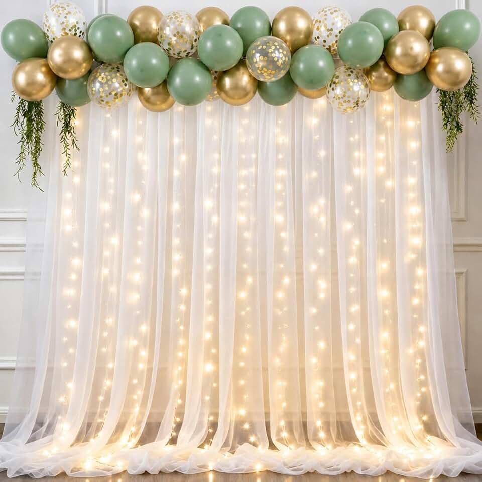 Frienda 11x10.5ft White Tulle Backdrop with Lights String