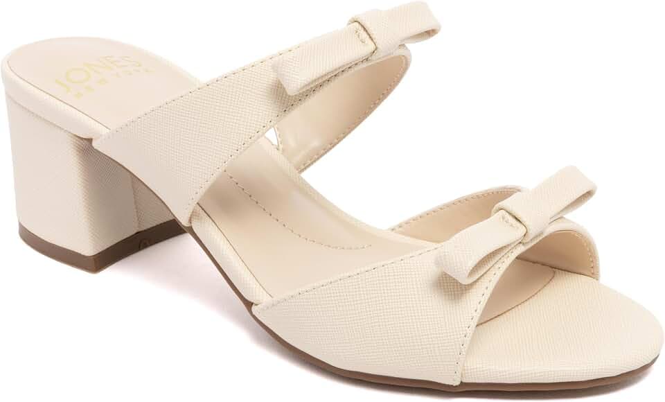 Jones New York Women's Double Band Bow Dress Sandals Slip-On Open Toe Block Heel Mules for Wedding Guest and Special Occasions Adalin
