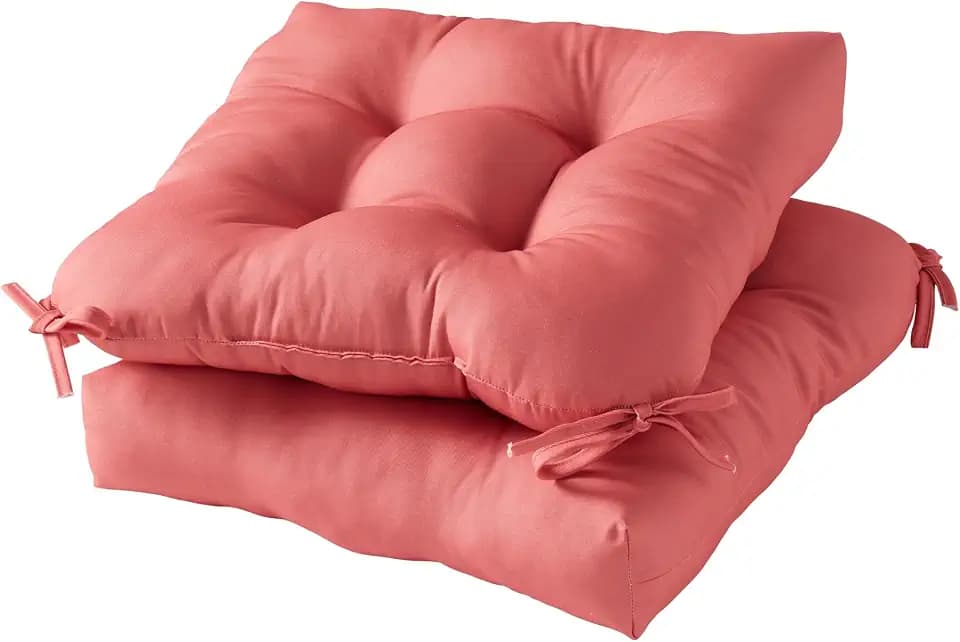20x20 Square Tufted Outdoor Seat Cushion, Reversible Patio Chair Cushion with Ties, Durable Polyester Fabric, Eco-Friendly Recycled Fill, Weather-Resistant – Coral, Set of 2