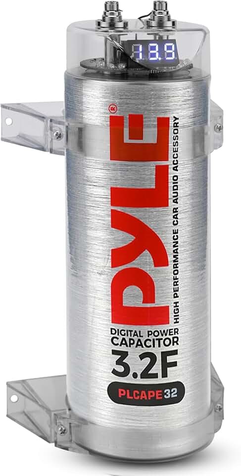 Pyle 3.2 Farad Digital Power Capacitor, High-Performance Car Audio Capacitor, LED Display, Electronic Polarity Protection, Over Voltage Protection, Includes Mounting Hardware and Post Kits, 2.9"x9.7"