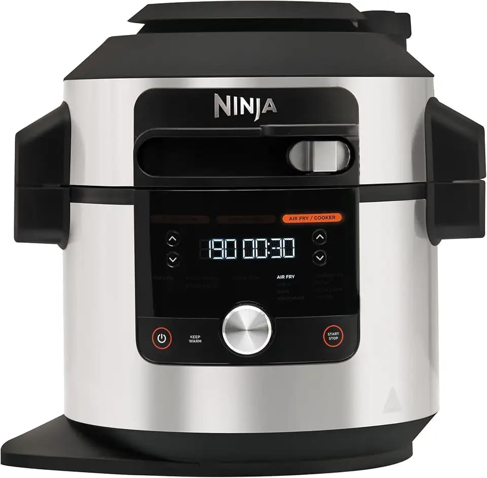 Ninja Foodi MAX Multikocher mit SmartLid, 7,5L, 12-in-1 Multicooker, Pressure Cooker Schnellkochen, Airfryer Heißluftfrittieren, Slow Cooker Langsamkochen, Edelstahl, OL650EU