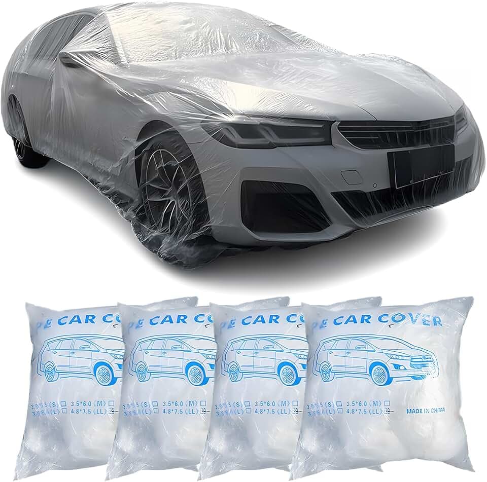 4PCS Disposable Car Cover, 12. 5 x 21. 7Ft Waterproof Clear Plastic Full Car Cover with Elastic Band, Universal Dustproof Auto Protective Cover, Car Exterior Accessories for Sedan, Truck, SUV