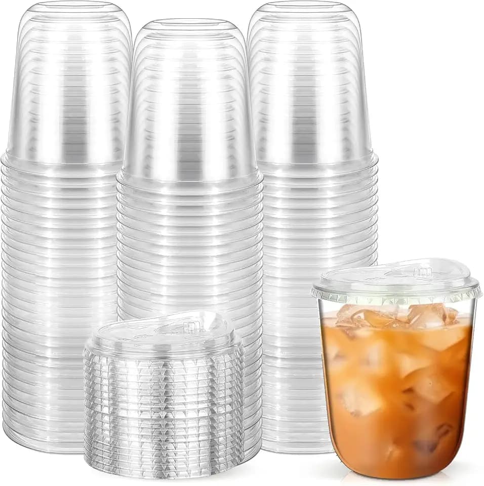 KAHEIGN 50Pcs Plastikbecher mit Deckel – 12oz/360ml wiederverwendbare Plastik-Trinkbecher Smoothie Becher mit Deckel und Loch für Eiskaffee, Cocktail, Smoothie für Kaltgetränke Glühwein Party