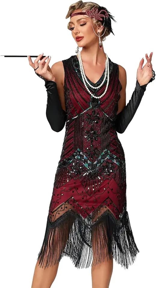 VILOREE Retro 1920er Damen Flapper Kleider voller Pailletten V-Ausschnitt Great Gatsby Motto Party Rot M