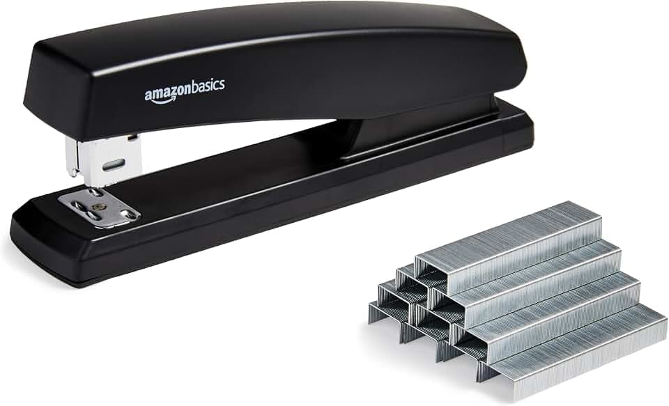 Amazon Basics Hefter mit 1000 Klammern, 25-Blatt-Kapazität, rutschfester Gummifuß, Heim, Büro, Schwarz