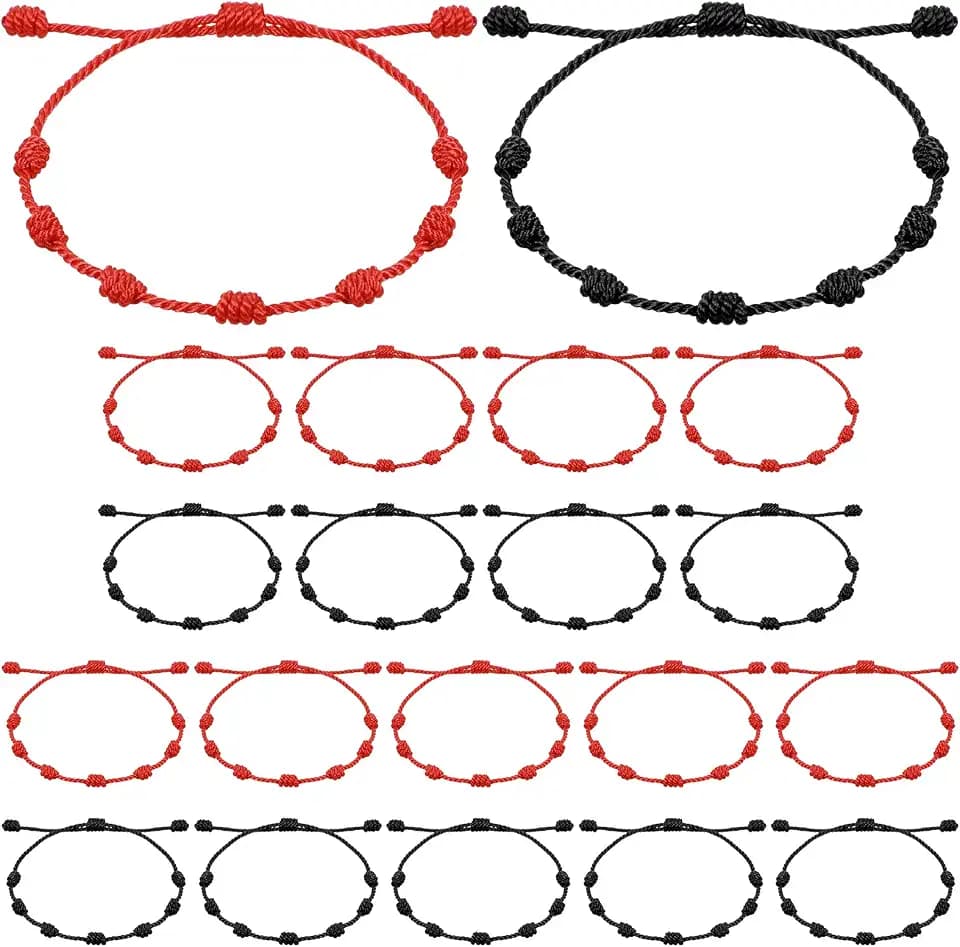 20 PCS Red Good Luck String Bracelets, Adjustable 7 Knot Thread Bracelet Black Thread Bracelet for Protection and Good Luck, Hand-Woven Nylon Cord Jewelry for Women and Men (Red, Black)