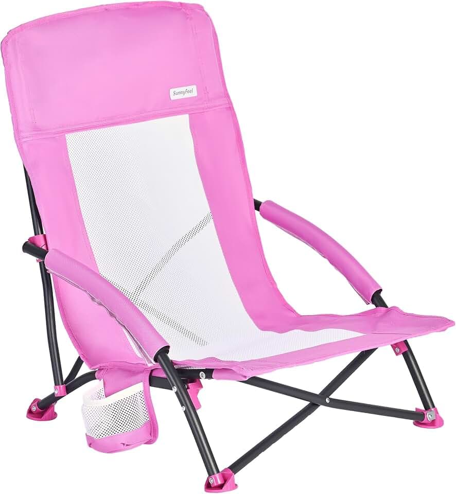 SUNNYFEEL Folding Low Beach Chair 2 Pack - Lightweight Portable Lawn Chair with Mesh Back, Cup Holder for Outdoor/Travel/Picnic/Concert, Foldable Camp Backpack Chair with Carry Bag