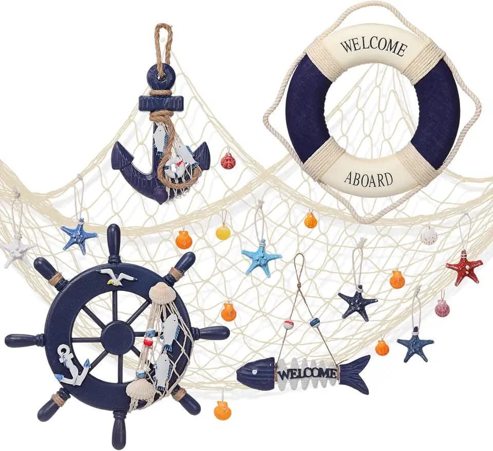 11 Pcs Fishing Net Wall Decor Wooden Nautical Party Decorations, Khaki