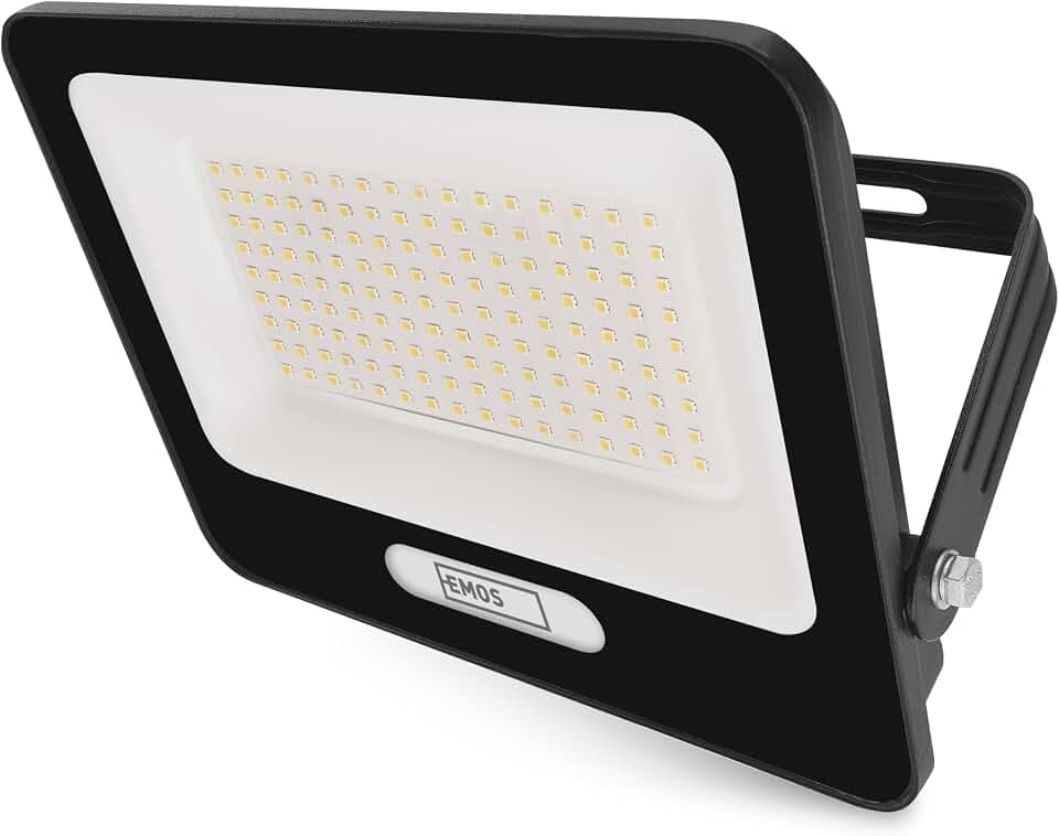 EMOS - LED Aluminium-Strahler GLARO 100 W - IP65 wasserdichtes Flutlicht für Feuchtraum und Außen - superhell 10000 lm, Neutralweiß 4 000 K, Lebensdauer 20 000 h - 20 cm Gummi-Anschlusskabel - schwarz