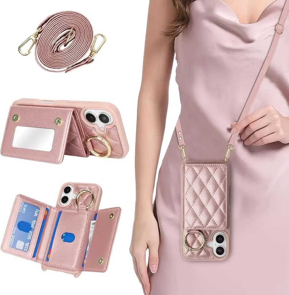 for iPhone 16 Case with Card Holder and Strap, Dark Rose Gold