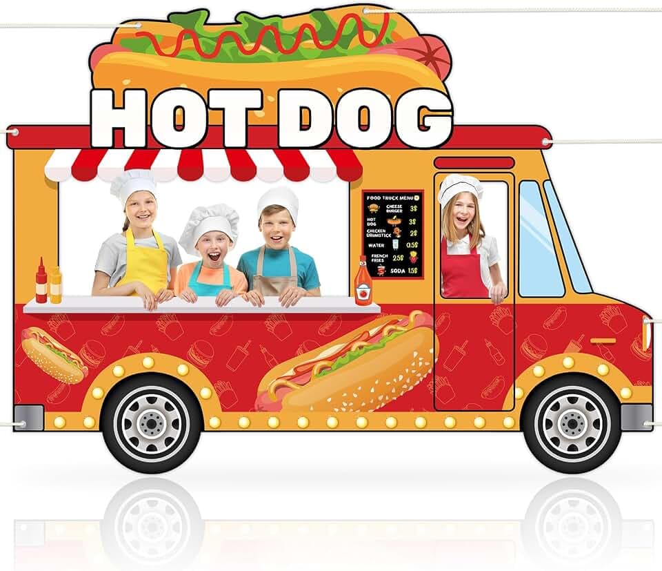 73 x 53 Inch Fabric Hot Dog Car Photo Booth Prop Fast Food Themed Party Decoration Hot Dog Truck Hanging Background BBQ Sausage Chips Burger Birthday Party Supplies for Baby Shower Home Decor