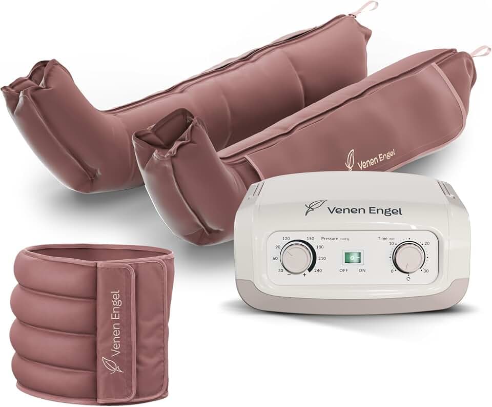 Venen Engel Mini Kompressionsmassagegerät mit Bein- & Bauchmanschetten | Luftkompressionsmassage | 4 Luftkammern | Druckmassage für Beine & Bauch | 30–240 mmHg | Massagegerät für Zuhause