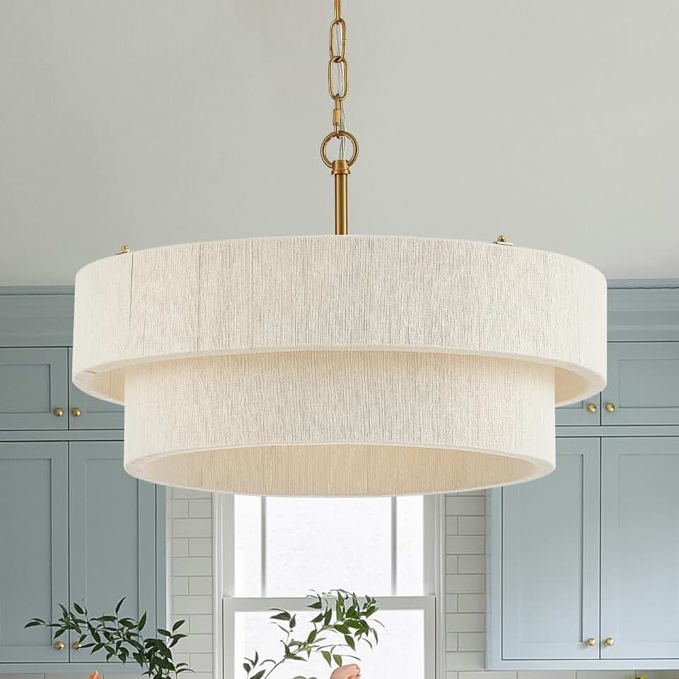 20”Hand Woven Rattan Chandelier Boho Pendant Light Adjustable Coastal Pendant Light for Kitchen Island Dining Living Room, White, UL Listed