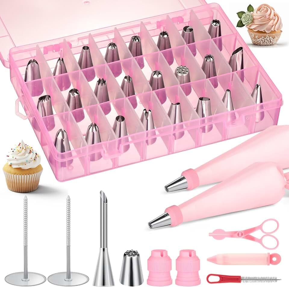 Cozary Spritzbeutel mit Tüllen 35 Teiliges,Edelstahl-Tüllen-Set mit Kupplung, 30x17 cm, 2 wiederverwendbarer Spritzbeutel mit Reinigungsbürste zum Dekorieren von Kuchen, Gebäck und Cupcakes