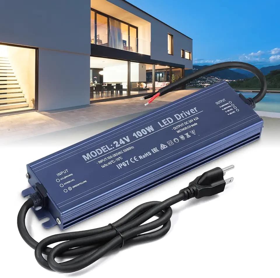 LED Driver 24V, BRIMETI LED Power Supply 100W Waterproof IP67 Transformer Adapter 110V AC to 24V DC Converter Low Voltage Output with 3-Prong Plug 3.3 Feet Cable for Outdoor Light Strip, 4,2 Amp