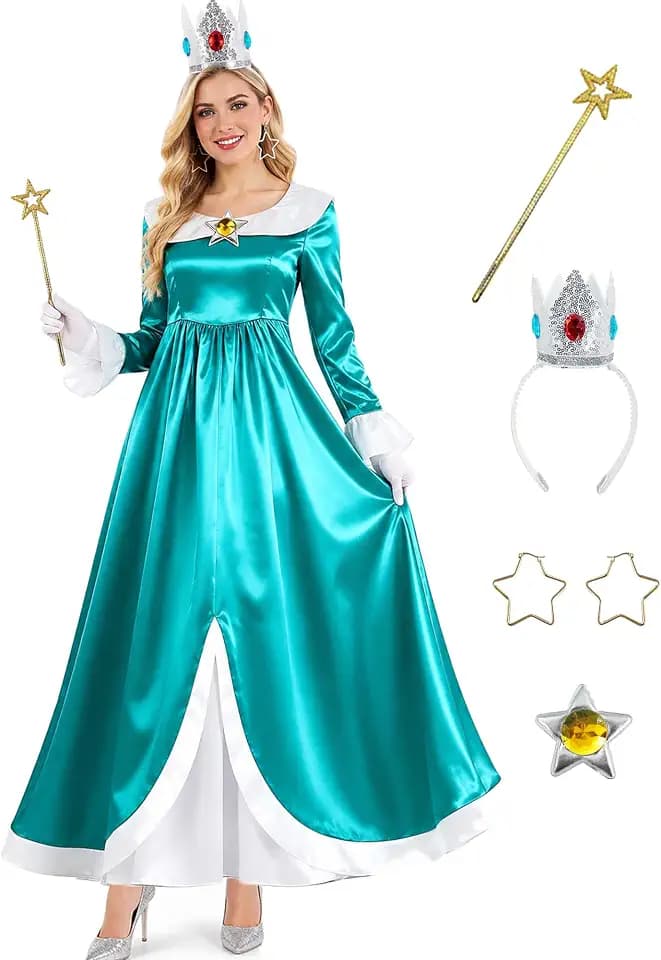 Princess Costume for Women Halloween Cosplay Royal Dress Party Gown with Crown Earrings Brooch Set