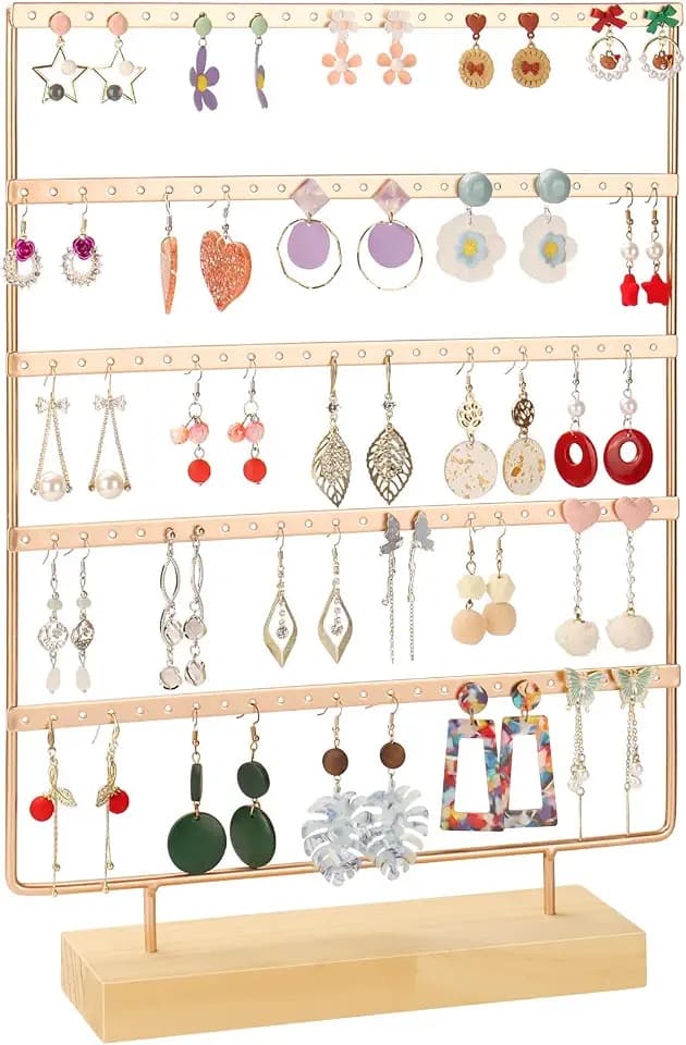 Schmuck-Organizer, 5-Ebenen-Ohrring-Organizer mit 120 Löchern zum Aufbewahren und Präsentieren von Ohrringen verschiedener Stile, Modelle und Größen, abnehmbare Holzbasis für den Heim- und