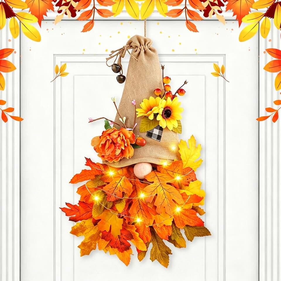 Herbstdeko Wichtel Kranz mit LED Licht, Herbst Deko Herbstkranz Haustür (Z)