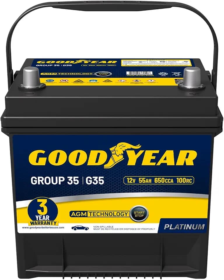 Goodyear 35-AGM BCI Group Size 35 12V 55 AH, 100RC, 650 CCA Platinum series Rechargeable AGM Maintenance Free Automotive Battery