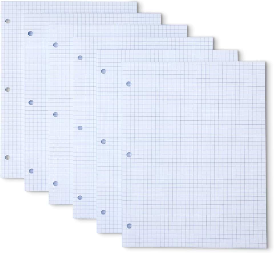 Amazon Basics Graph Ruled Loose Leaf Binder Paper, 11" x 8.5", White, 100 Sheets, 6-Pack