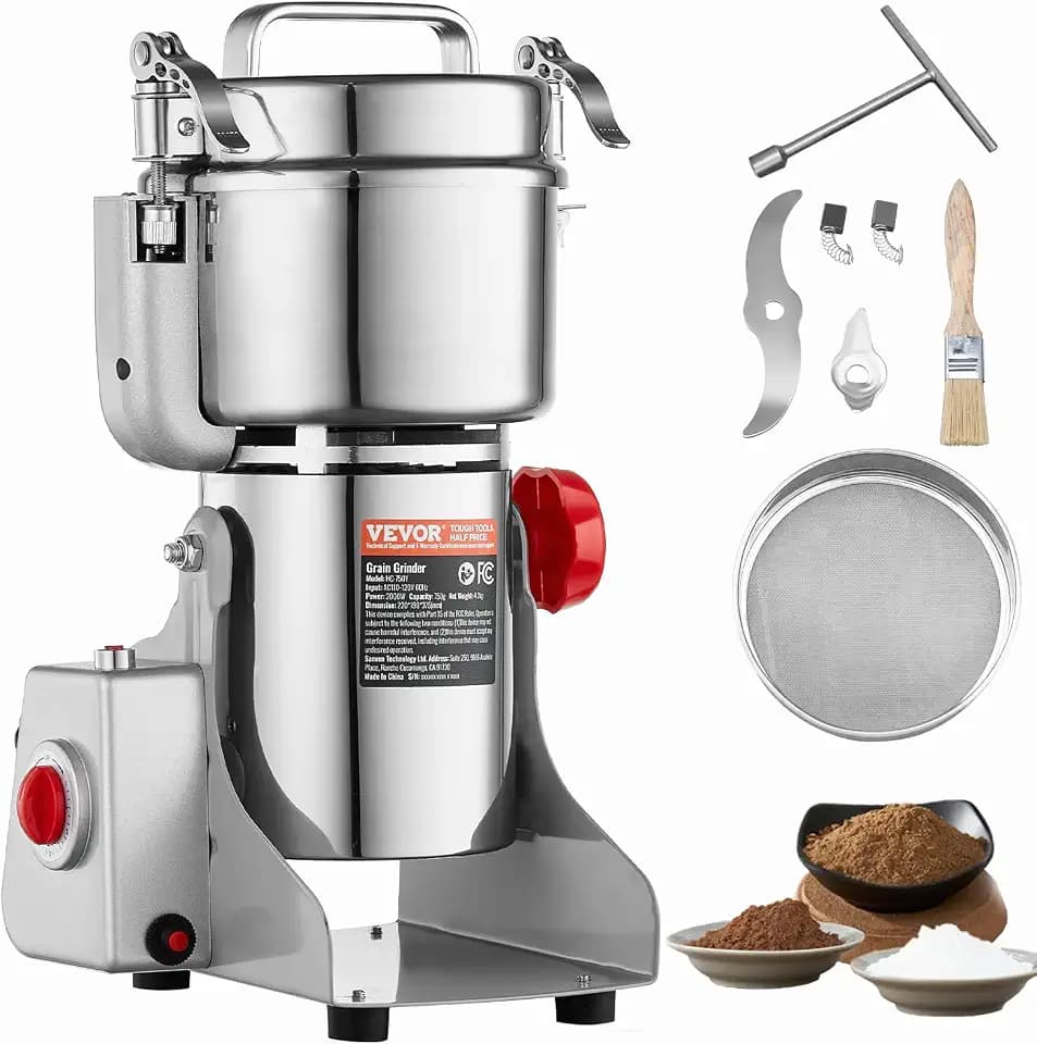 VEVOR 750g elektrische Getreidemühle, Hochgeschwindigkeits-Gewürzmühlen mit 2000 W, Pulverisiermaschine aus Edelstahl, für trockene Körner, Gewürze, Müsli, Kaffee, Mais, Pfeffer, Schwenktyp