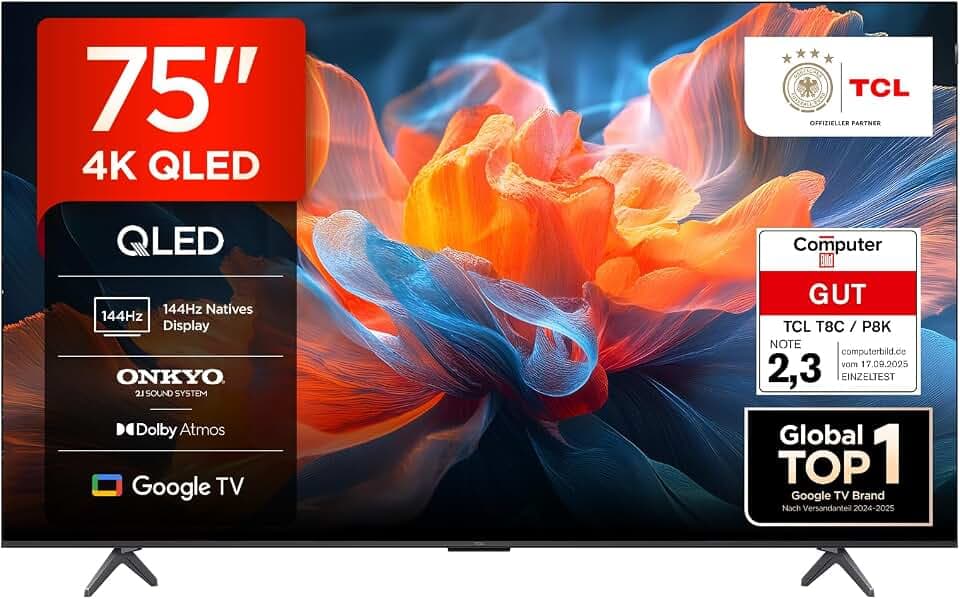 TCL 75T8C 75 Zoll QLED 4K HDR UHD Fernseher, Smart Google TV Dolby Vision & Atmos, 144Hz Motion Clarity Pro, Game Bar, ALLM, FreeSync, Onkyo 2.1 Sound, Sprachsteuerung, Kompatibel mit Google Assistant