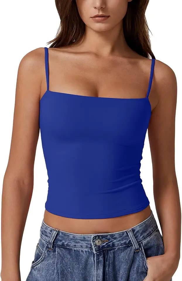 QINSEN Women's Double Lined Basic Tank Top Adjustable Spaghetti Straps Sleeveless Camisole Shirts