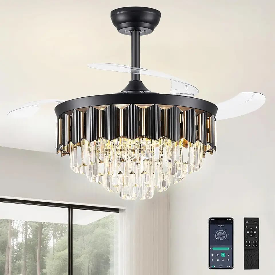 48'' Crystal Fandelier Ceiling Fan with Light, Black