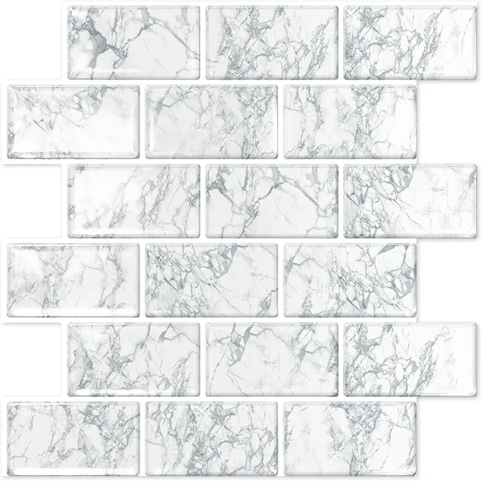 10 Sheets Thicker Design Peel and Stick Backsplash, 12"x12" Peel and Stick Wall Tiles, Subway Look Marble Tiles Backsplash for Kitchen and Bathroom, Snow Flake White