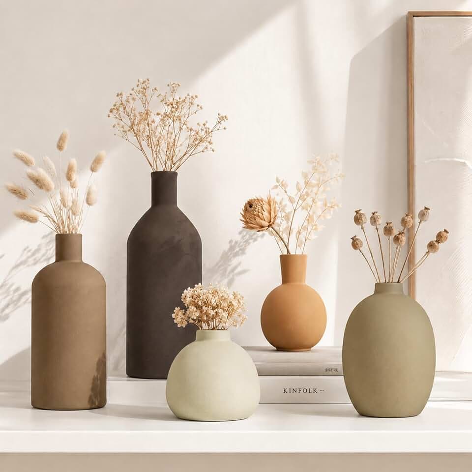 Keramik Vasen Set 5er, Moderne Deko Vasen in Morandi Farben, Matte Blumenvasen für Trockenblumen, Pampasgras & Frischblumen, Boho Vase Set für Wohnzimmer, Esstisch, Schlafzimmer & Home Deko