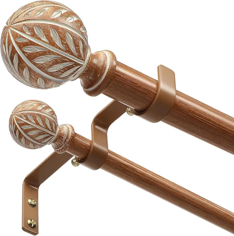Boho Decorative Double Curtain Rod, 36-153 Inch, Wood Grain