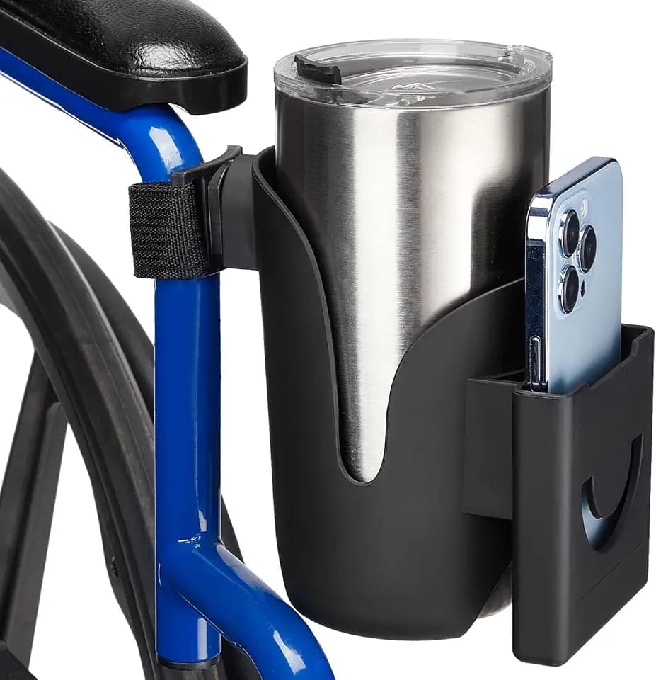 JOYTUTUS Cup Holder for Wheelchair, 2 in 1 Water Bottle Holder and Phone Bracket, Universal Drink Cup Holder for Walker, Rollator, Stroller, Scooter