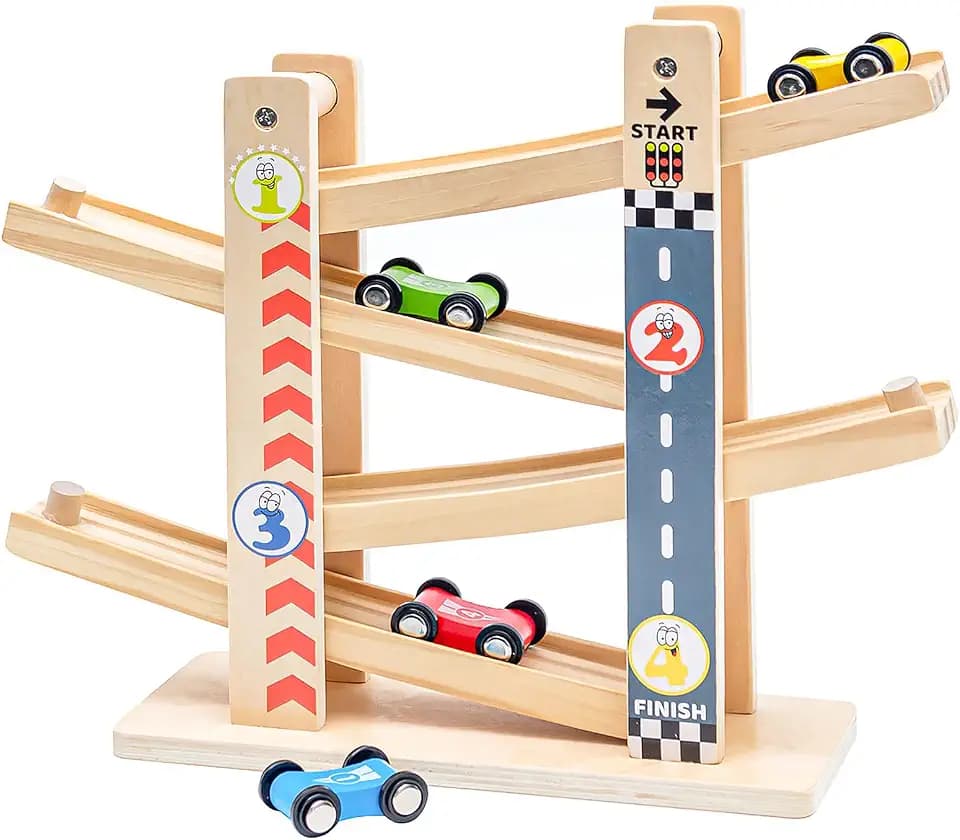 Kugelbahn Autorennbahn Holz|Zick-Zack-Autorutsche|Kleinkindspielzeug Holzrennbahn mit 4 Holzautos für jährige Jungengeschenke 1-4