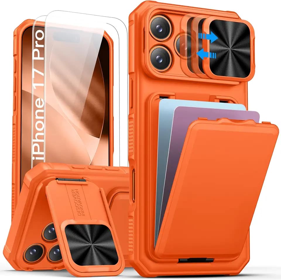 SSLOTSCASE for iPhone 17 Pro Wallet Case with 2X Screen Protector, Orange