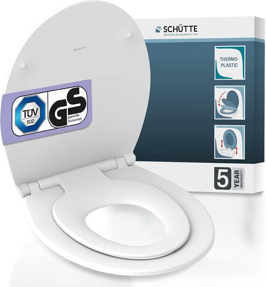SCHÜTTE WC Sitz mit integriertem Kindersitz, Absenkautomatik – thermoplast, 300kg Belastbar, Montageschablone & 5 Jahre Garantie, Premium Klodeckel & Klobrille mit Kindereinsatz (Abnehmbar), Weiß