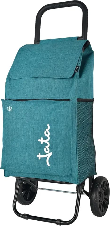 JATA HCAR2523 Einkaufstrolley mit 2 Rädern, faltbar, 40 l, mit Kühltasche, leicht und robust, Stahlgestell, 30 kg Tragkraft, Seiten- und Rückentaschen, Supermarktwagen