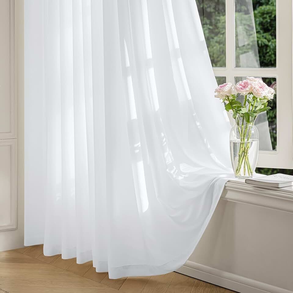 FMFUNCTEX White Sheer Curtains, 72 Inch, Rod Pocket, 2 Panels for Bedroom