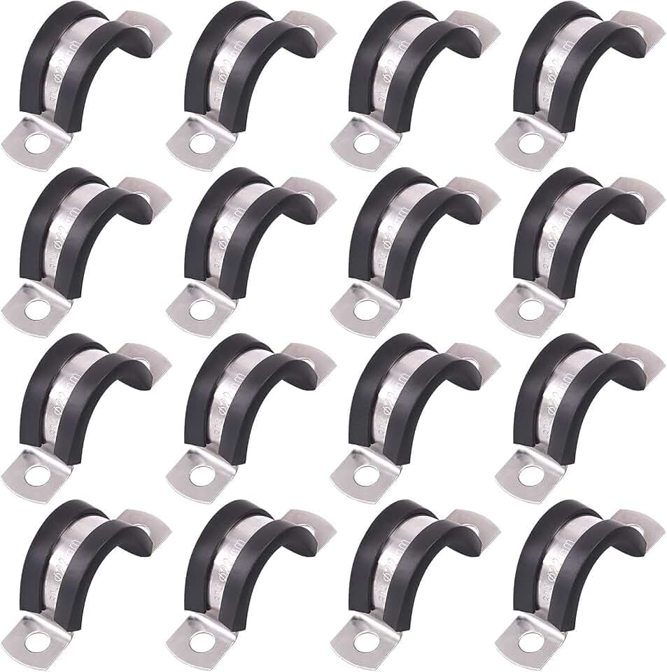 Glarks 16Pcs 22MM 2 Hole U-Tube Strap Clamp Set 304 Stainless Steel Rubber Cushion Rigid Pipe Strap U Bracket Tube Strap Assortment Kit For Pipe Tube Fixing (22mm)