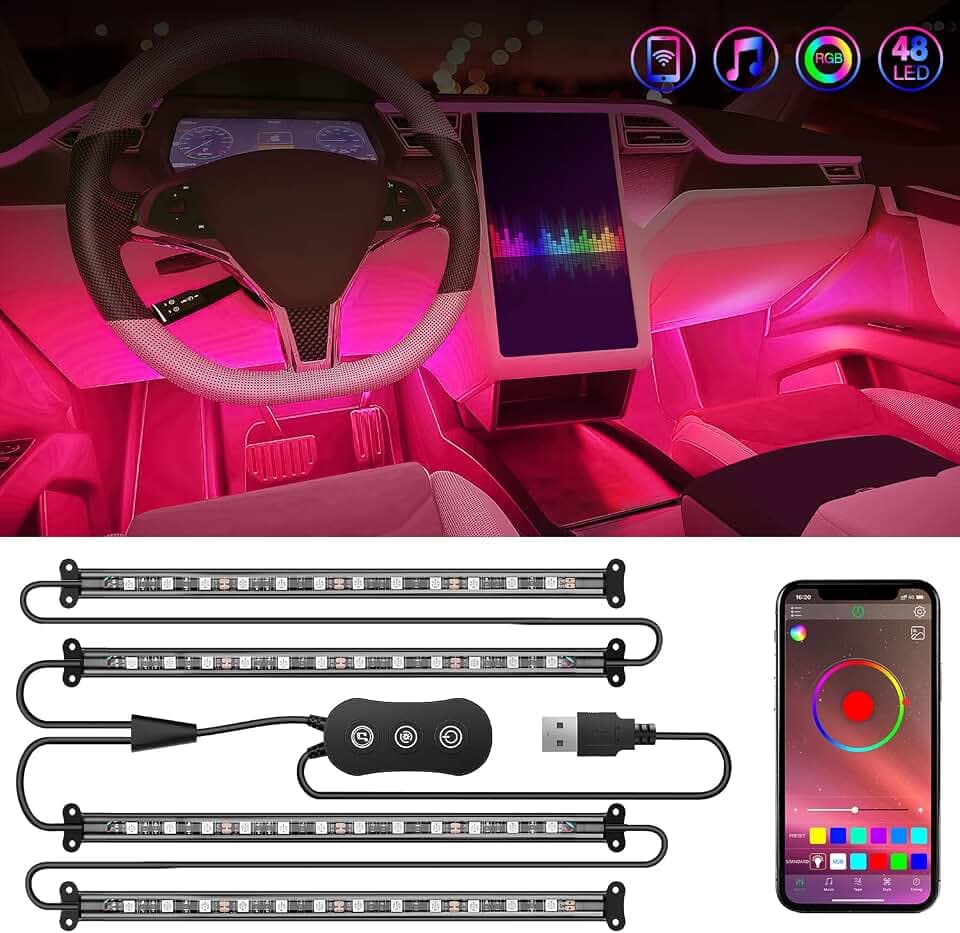 Nilight 4PCS USB Car Interior Neon Accent Lights RGB App and Button Control