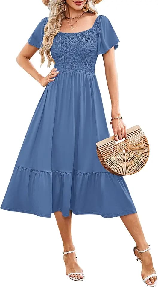AUSELILY Women's Summer Smocked Short Sleeve Midi Dress 2026