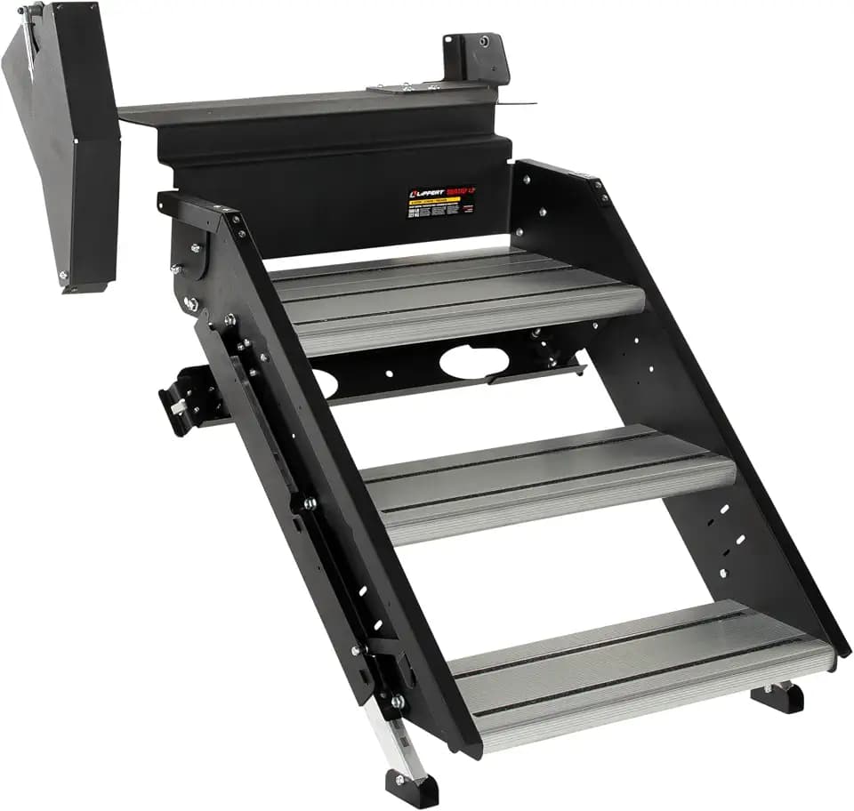 Lippert Solid Step 4.0 Premium Triple RV Camper Entry Steps with Lift Assist Gas Struts, 30" Step Width, XL Top Tread, 8" Rise, 500-lb. Weight Capacity, Adjustable Legs, Recessed Feet - 2024056999