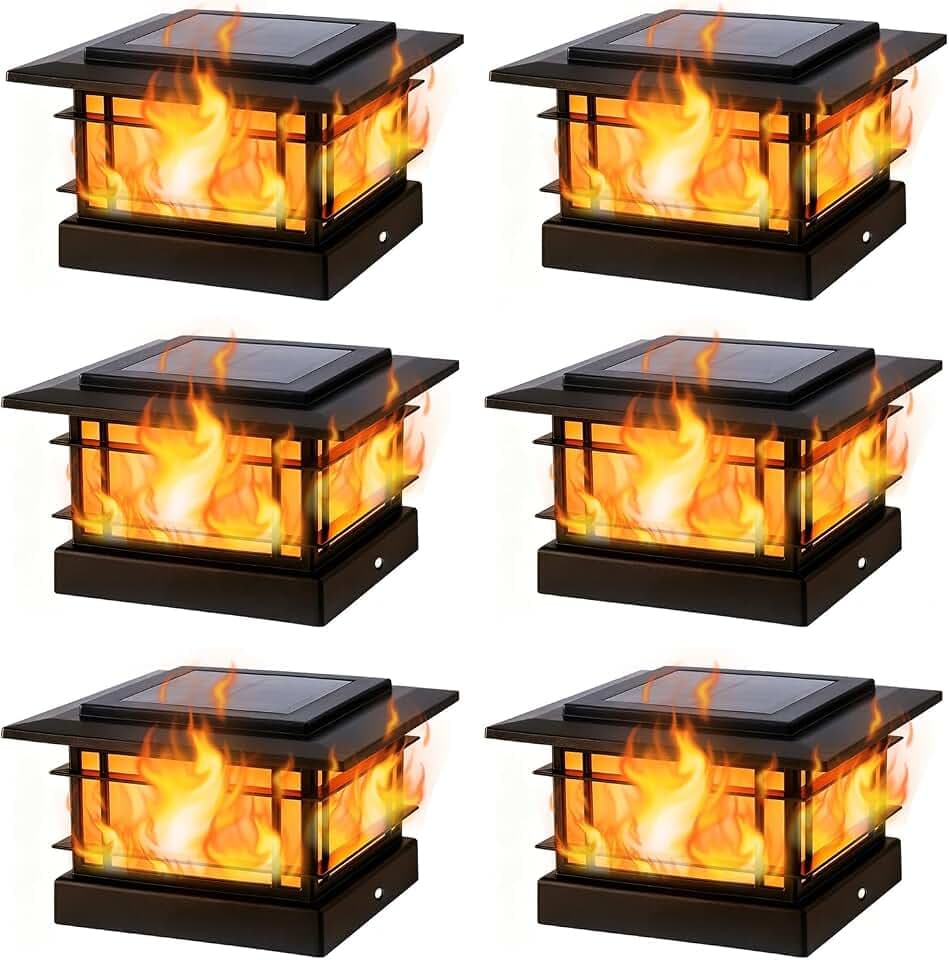 Dynaming 4x4 Solar Post Cap Lights Outdoor with Flickering Flame Light, 6 Pack Black Shell Fence Post Solar Lights Fit 4x4 Vinyl/Wooden Posts, Brightness LED Lighting Decor for Garden Deck Patio
